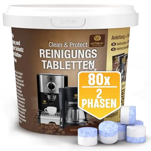 2-Phasen Reinigungstabletten für Jura Kaffeevollautomaten - Coffeeano Reinigungstabs - Reinigungstabletten für Kaffeemaschinen, 80 Stück mit 3.5% Wasserstoffperoxid für optimale Reinigung und Materialschonung. Verlängert die Lebensdauer Deiner Jura Geräte und schützt vor teuren Reparaturen.