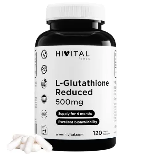 Glutathion 500 mg 98% Reduziert. 120 vegane Kapseln für 4 Monate. Hergestellt mit dem Glutathion-Molekül, das die beste Absorption bietet. Hergestellt von HIVITAL