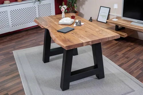 Esstisch 120 x 80 cm Cali, Baumkantentisch naturfarben, Akazienholz massiv, A-Gestell aus Metall Schwarz, aufgedoppelte Kanten 25+25 mm