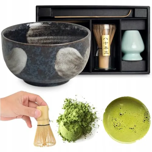 WestCraft Teeservice Matcha Set 4 tlg. - Authentische japanische Teezeremonie - Teeservice – Hochwertiges, handgefertigtes Set für die perfekte Matcha-Zubereitung. Enthält eine einzigartige Keramikschale, einen Bambusbesen und -löffel sowie einen Besenhalter für optimale Pflege.