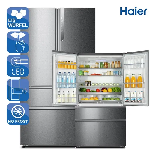 Haier Kühlschrank HB26FSSAAA - French Door mit Eiswürfelbereiter - Kühlschrank mit 484 l Kühl- und 266 l Gefriervolumen, NoFrost und Touch-Bedienung für höchsten Komfort. Ideal für große Haushalte.