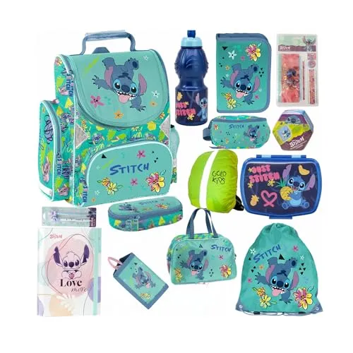 PASO Schulranzen Set für Jungen und Mädchen - 14 Teile mit Federmäppchen, Trinkflasche und mehr - Stitch Motiv - Schulranzen Set für die 1-3 Klasse, ergonomisch gestaltet mit geräumigem Hauptfach und reflektierenden Elementen für Sicherheit. Ideal für junge Fans von Stitch!