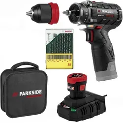 PARKSIDE PERFORMANCE 12V Bohrschrauber PBSPA 12 mit Bosch Bohrerset - Der PARKSIDE PERFORMANCE® 12 V Akku-Bohrschrauber PBSPA 12 überzeugt mit 2-Gang-Getriebe, 20 Drehmomentstufen und integrierter LED-Arbeitsleuchte. Ideal für vielfältige Anwendungen in Holz, Metall und Kunststoff.