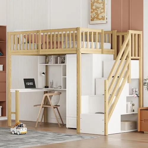 xixiworkshop Kinderhochbett 90x200cm mit Schreibtisch und Stauraum - Betten: Hochbett aus Kiefernholz, mit Rausfallschutz und viel Stauraum für Kleidung und Spielzeug. Ideal für aktive Kinder und sorgt für Ordnung im Kinderzimmer.