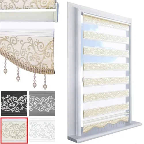 Brillant Doppelrollo Klemmfix ohne Bohren Gold Beige 200 x 50 cm (Länge x Breite) Duorollo Blickdicht mit Perlen, glitzert, Raffrollo Fenster Tür Zebra Perde Klemmrollo Seitenzugrollo