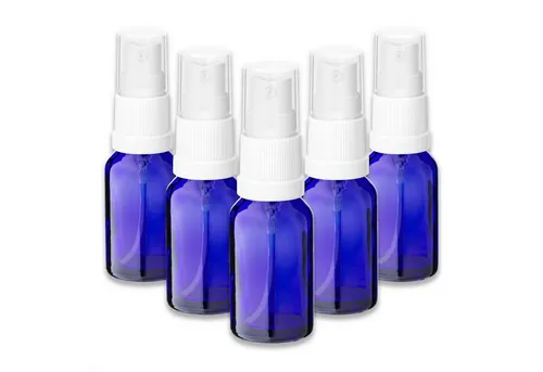 CK Verpackung GmbH Pipettenflasche 5x Blaue Glasflasche 15 ml mit weißem Zerstäuber Sprükopf Pumpspray