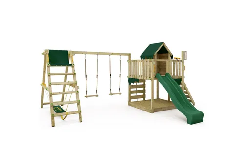 FATMOOSE Spielturm JazzyJungle mit SurfSwing – Abenteuer-Spielhaus für endlosen Spielspaß - Schaukeln und klettern im FATMOOSE Spielturm JazzyJungle! Extrem witterungsbeständig, aus hochwertigem Massivholz und mit 10 Jahren Garantie für unbeschwerten Spielspaß im eigenen Garten.