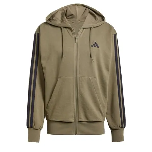 adidas Herren Essential Three Stripes Hoodie, Olive Strata/Black, S - Herren-Sweatjacke aus 55 % Baumwolle und 36 % recyceltem Polyester, regulärer Schnitt mit Kängurutaschen und nachhaltigen Materialien für umweltbewusste Mode.