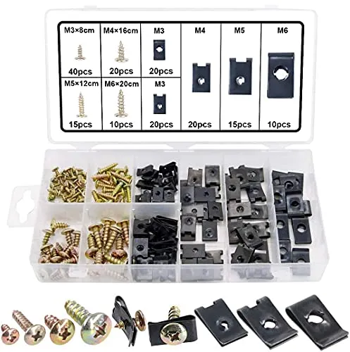 WJMY Blechschrauben Blechmuttern Sortiment Karosserieschrauben 170-tlg U Typ Karosserie-Klemmen und Schrauben für Auto Schwarz