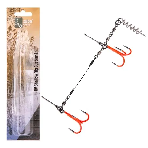 Zite Fishing UV Shallow Rig Gummifischsystem | Screw-In Hechtsystem Größe L 13cm | Fertigmontage UV-Aktiv Drillingssystem Raubfischangeln | Flachwasser System Gummifische 21-26cm | Stingerhaken Hecht