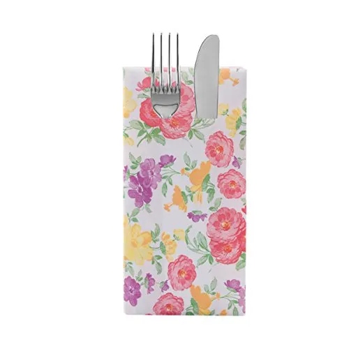 Sovie HOME Besteckserviette JOHANNA, Linclass® Airlaid, 40x40 cm, 1/8 Falz, 12 Stück, üppiges Floraldesign in Gelb, Grün, Rot und Aubergine für elegante Tischdeko, Ideal für Garten- & Sommerfeste