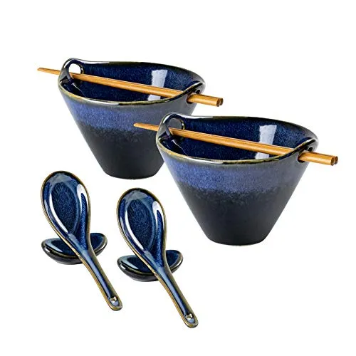 Ramen Nudel Suppenschalen, 2 Sätze Keramik Ramen Schüssel Mit Essstäbchen, Löffel und Löffelruhe, Japanisches Geschirr Snackschale Bowl Set für Asiatische Nudeln - 2 X 600 ml, Blau