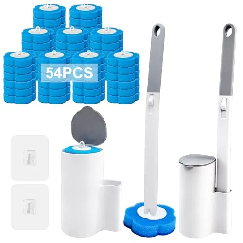 Feelhap Einweg Toilettenbürste, 2er Set WC-Bürsten mit Langem Stiel & Halter,Einweg Klobürste WC Garnitur mit 54 Stück Reiniger Nachfüllungen,WC Bürste Reinigungsmittel für Waschbecken Badewanne Boden