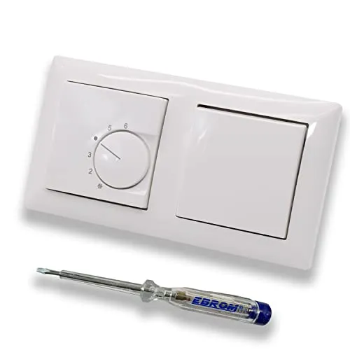 Halmburger UP Raumthermostat Raumtemperaturregler RTR-5510rg in Busch Jäger Balance SI alpinweiß Rahmen 1722-914 + Lichtschalter 2000/6 US inkl. EBROM Phasenprüfer zur Montage der Geräte RTR-5510 (rg)