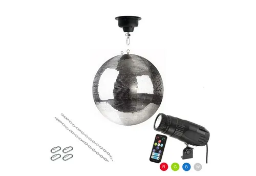 SATISFIRE Discolicht Spiegelkugel Komplettset 40cm mit Motor und 9W RGB LED Pinspot - Vielseitiges Komplettset für unvergessliche Partynächte. Mit einer 40cm großen Spiegelkugel, Motor und RGB Pinspot für stimmungsvolle Lichteffekte. Ideal für Events und Feiern.