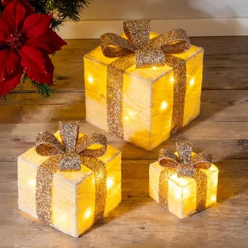 LED Geschenkboxen mit Timer 3er Set - Creme, warm weiß beleuchtet für stimmungsvolle Weihnachtsdekoration mit Timer-Funktion