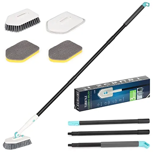 3-in-1 Badewanne Schrubber mit Stiel – um 180 ° drehbare Badezimmer-Reinigungsbürste mit 127 cm langem Griff, Dusch-Reinigungsbürste für Duschwannen-Fliesenwand (enthält 4 austauschbare Bürsten)