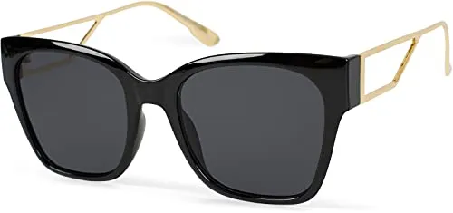 Produktbild styleBREAKER Damen Oversize Sonnenbrille mit breiten Metall Bügeln, Polycarbonat Gläsern und Kunststoff Gestell 09020128, Farbe:Gestell Schwarz-Gold/Glas Grau getönt