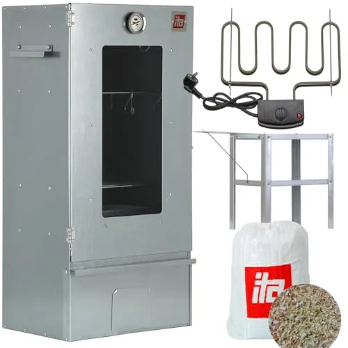 ITA Elektrischer Räucherofen 7000 - Premium Smoker Set mit Heizung und Tisch - Smoker für Fleisch, Fisch, Käse und Gemüse, mit 3 Etagen und Sichtfenster für optimale Kontrolle und Genuss, direkt vom Hersteller in EU-Qualität.
