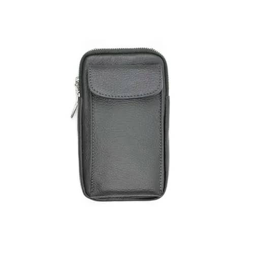 OBC Made in Italy Damen Leder Tasche Handytasche Umhängetasche Geldbörse Schultertasche Brieftasche Smartphone Geldtasche Ledertasche Crossbody Abendtasche Handy bis 6,5 Zoll Dunkelgrau