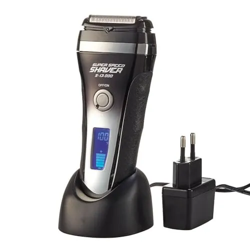 EUROtops Herren Elektro-Rasierer mit Trimmer – LC-Display/Aufladbar/Kabellos/Station, 13000 RPM, Sicherungs-Schalter, Schnellladen, 3 Klingen, Nass- / Trocken-Rasierer mit Reisetasche (IPX7)