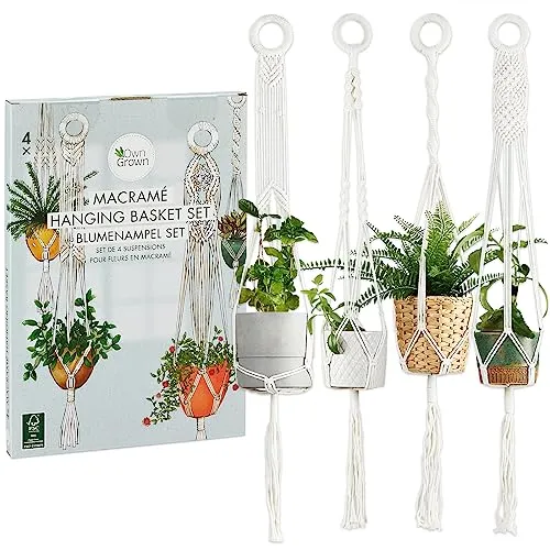 OwnGrown Makramee Blumenampel Set: 4X Blumentopf Hängeampel 95cm lang – Makramee Pflanzenhänger als Vintage Deko und Boho Deko Hängend – Makramee Deko für Blumenampel Innen – Blumentopf Hängend