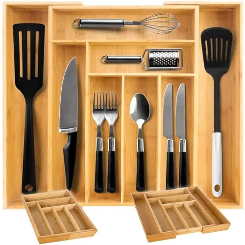 Bambus Besteckkasten mit herausnehmbaren Fächern - Aufbewahrungsboxen für Besteck – eleganter Küchenschubladen-Organizer aus Bambus mit 6-8 Fächern, der Hygiene und Ordnung in Ihrer Küche garantiert.