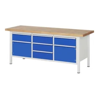 Robuste Werkbank 8568A2 mit 5 Schubladen - Die Werkbank 8568A2 bietet eine massive Buche-Arbeitsplatte und praktische Aufbewahrungslösungen. Ideal für Werkstätten und Heimwerkerprojekte – Made in Germany mit 5 Jahren Qualitätsgarantie.