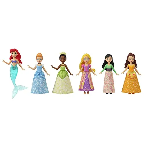 Mattel Disney Prinzessin-Spielzeuge, 6 bewegliche kleine Puppen mit Glitzerkleidung und 13 Zubehörteilen für die Teeparty, inspiriert von Disney-Filmen JCR91