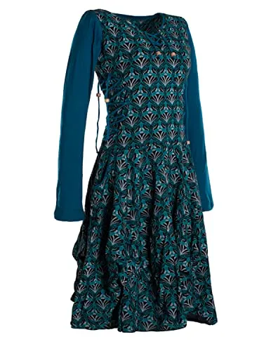 Vishes - Alternative Bekleidung - Langarm Damen Jersey-Kleid Blumenkleid Schnürung V-Ausschnitt schwarz 48