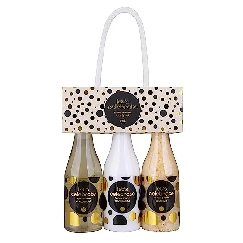 accentra - Let's celebrate Geschenkset Frauen in Plastik Sekt-Fläschchen - Bade- & Duschset mit Tea Rose & Velvet inkl. Duschgel, Bodylotion & Badesalz - 3-Teiliges Wellness Set für Damen & Mädchen