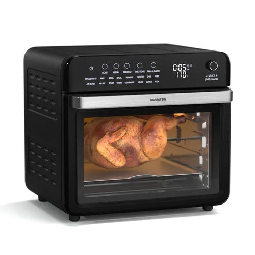 Klarstein AirGlaze Digital Color Heißluftfritteuse – 34 L, 2100 W - Heißluftfritteuse mit 16 Programmen und 250 Rezepten für kreative Kochabenteuer. Ideal für große Haushalte mit umfangreichem Zubehörset und digitaler Steuerung.