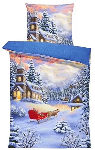 Flauschige Winter Bettwäsche 135x200 cm mit Winterlandschaft - Bettwäsche in blau mit Weihnachtsmotiv, aus 100% Microfaser Thermofleece für optimale Wärme und Komfort in der kalten Jahreszeit. Ideal für Kinder und Erwachsene!