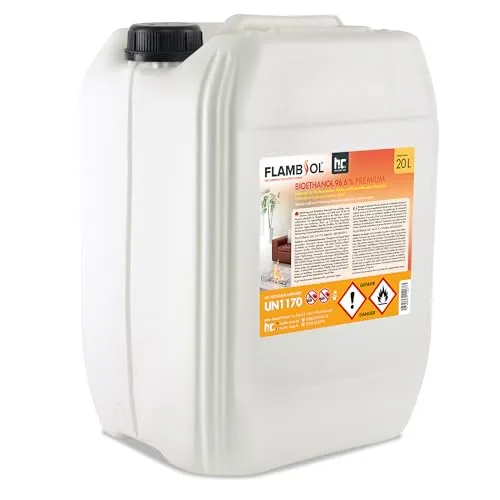 Höfer Chemie GmbH Bioethanol 20 L FLAMBIOL® Premium - Bioethanol für Ethanolkamin, 96,6% Reinheit – für saubere, rußfreie Flammen und eine gemütliche Atmosphäre ohne die Einschränkungen eines Holzkamins. Ideal für entspannte Abende!