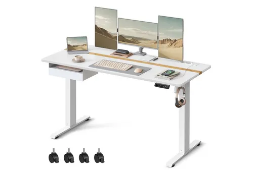 VASAGLE Höhenverstellbarer Schreibtisch elektrisch mit Steckdosen - Schreibtisch mit elektrischer Höhenverstellung, 2 USB-Anschlüssen und Schublade für mehr Komfort im Home Office. Stilvolles Design in Weiß.