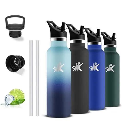 Trinkflasche Edelstahl, Thermosflasche 500ml, BPA-Frei, Wasserflasche mit Strohhalm, Isolierflasche Doppelwandig, Wasserflasche Kinder, Trinkflasche Auslaufsicher, für Schule, Büro, Reisen, Camping