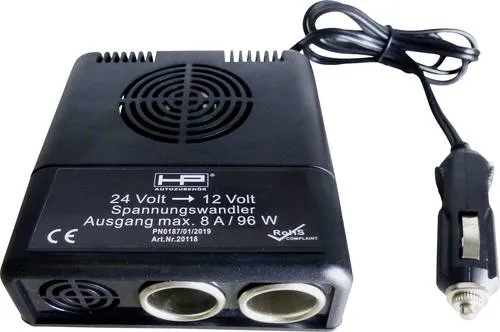 HP Autozubehör 20118 Spannungswandler 24V > 12V - Spannungswandler für 12V Kühl- und Wärmeboxen, mit Überlastungsschutz und zwei Steckdosen. Ideal für unterwegs, sorgt für zuverlässige Stromversorgung auf Reisen.