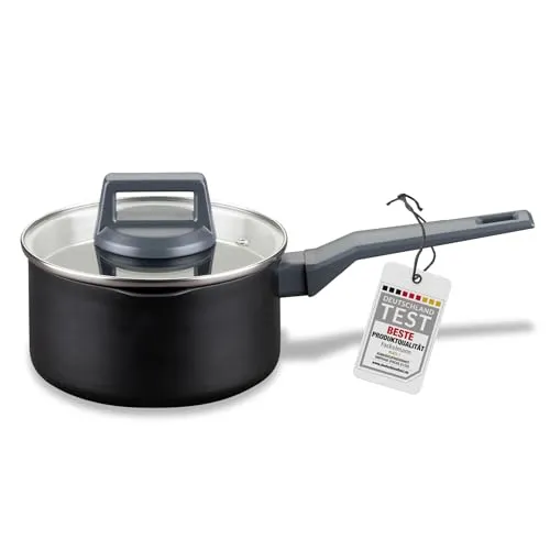 Fackelmann Kochtopf 16cm mit Stiel – Keramische Antihaft-Beschichtung - Kochtopf aus recyceltem Aluminium, hitzebeständig bis 150 Grad, für alle Herdarten geeignet – Umweltfreundlich und einfach zu reinigen.