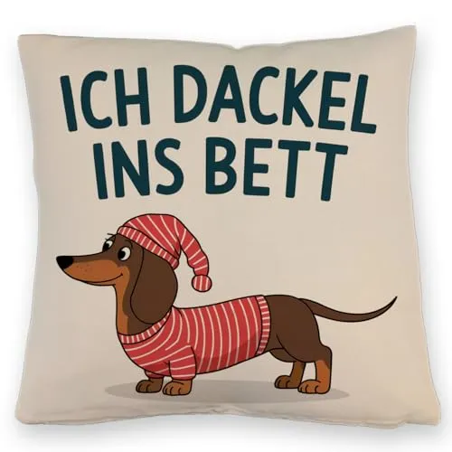 speecheese Dackel im Hemd - Ich dackel ins Bett Kissen mit Leinenoptik Lustige Illustration des Dackels im roten gestreiften Hemd und Schlafmütze Humor Gemütlichkeit pur