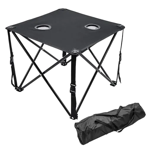 Spetebo Campingtisch Ultraleicht mit 2 Getränkehaltern - 48 x 48 cm - Outdoor Klapptisch schwarz inklusive Tragetasche - Tisch faltbar leicht mit Tasche für Garten Angeln Camping Picknick Festival