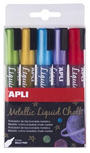 Apli, Packung mit 5 löschbaren Kreidestiften, 5,5 mm, Liquid Chalk Rundspitze, mehrfarbig (Gelb/Blau/Lila/Rot/Grün)