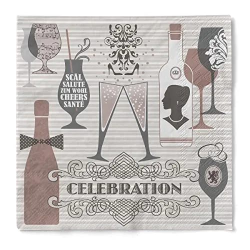 Sovie HORECA Serviette CELEBRATION in Grau-Altrosa aus 3-lagigem Tissue, 33 x 33 cm, 100 Stück, Design mit Sektgläsern, Weingläsern, Flaschen & Ornamenten – ideal für Feste & Events