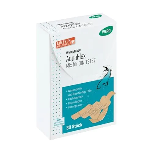 Weroplast® AquaFlex Pflaster – Mix DIN 13157, 30 Stk - Wasserfeste & überbeständige PU-Folie - Hochelastisch, anschmiegsam & hypoallergen