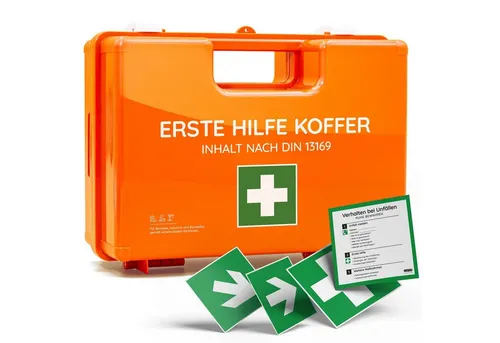 Erste Hilfe Koffer DIN 13169:2021 | Inklusive Wandhalterung & Aufkleber - Erste-Hilfe-Set für Haushalt & Arbeitsplatz, erfüllt DIN 13169, inklusive praktischer Wandhalterung für optimale Sichtbarkeit und schnellen Zugriff im Notfall.