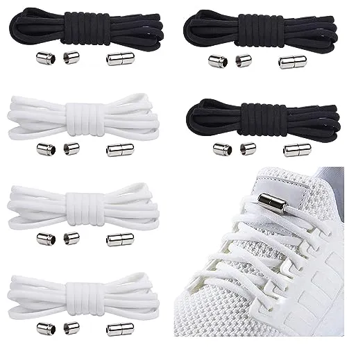 anshuke 6 Paar Elastische Schnürsenkel mit Metallkapsel, Einstellbare Schnürsenkel Ohne Binden, Gummi Schuhbänder mit Kapseln, Gummischnürsenkel für Sneaker, Laufschuhe, Sporschuhe (Schwarz+Weiß)