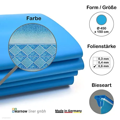 Premium Poolfolie für Rundpool, 450 cm x 150 cm, Stärke: 0,6 mm, Classic blau, Keilbiese