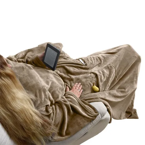 Kuscheldecke Ärmeldecke TV-Decke 170x200 cm XXL mit Taschen und Ärmeln Taupe