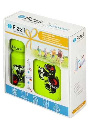 Fizzii Geschenkset Pausenset Trecker - Trinkflasche (600ml) und Lunchbox im hochwertigen Geschenkkarton, auslaufsicher und BPA-frei, ideal für Kinder und umweltbewusste Eltern.