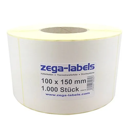 zega-labels Thermotransfer Etiketten - 100 x 150 mm - 1.000 Stück je Rolle - Kern Ø 76 mm - stark haftend - mit Perforation - Druckverfahren: Thermotransfer (Verwendung mit Farbband)
