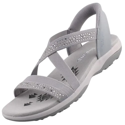 Skechers Reggae Slim Sparkle Sandale Grau - Luftige Sandale für den Sommer – einfach reinschlüpfen und loslaufen! Mit elastischem Obermaterial und modischen Strasssteinen für einen sportlichen Look. Ideal für Alltag und Freizeit. Hoher Tragekomfort durch gepolstertes Fußbett.